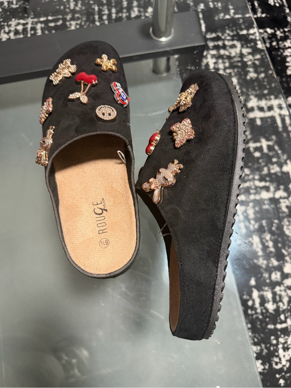 Rouge Helium Black Suede-Look Embellished Slip-On Mules